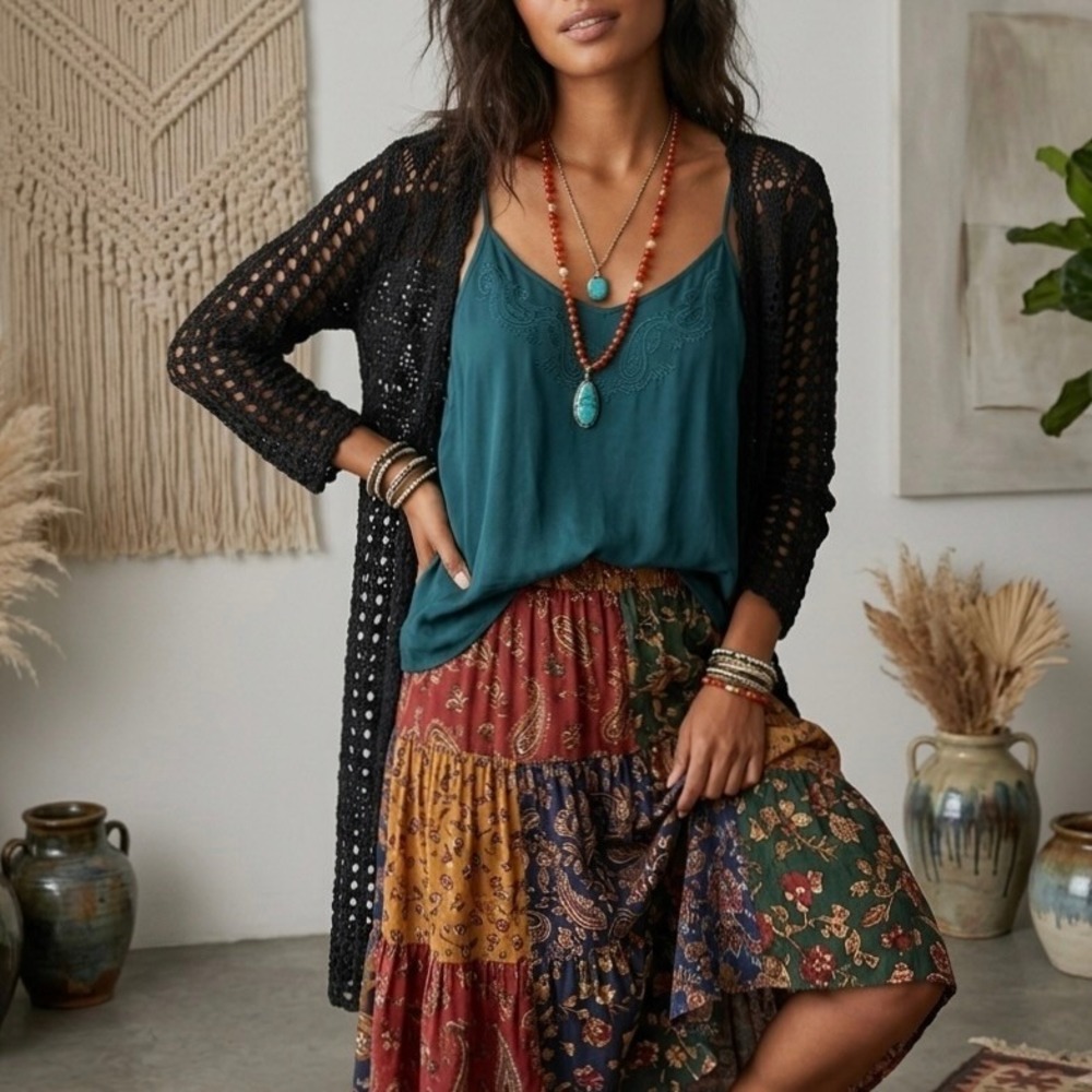 BCBG‎ Max Azria Black Crochet Duster Cardigan Boho Whimsigoth Grunge Festival Sm